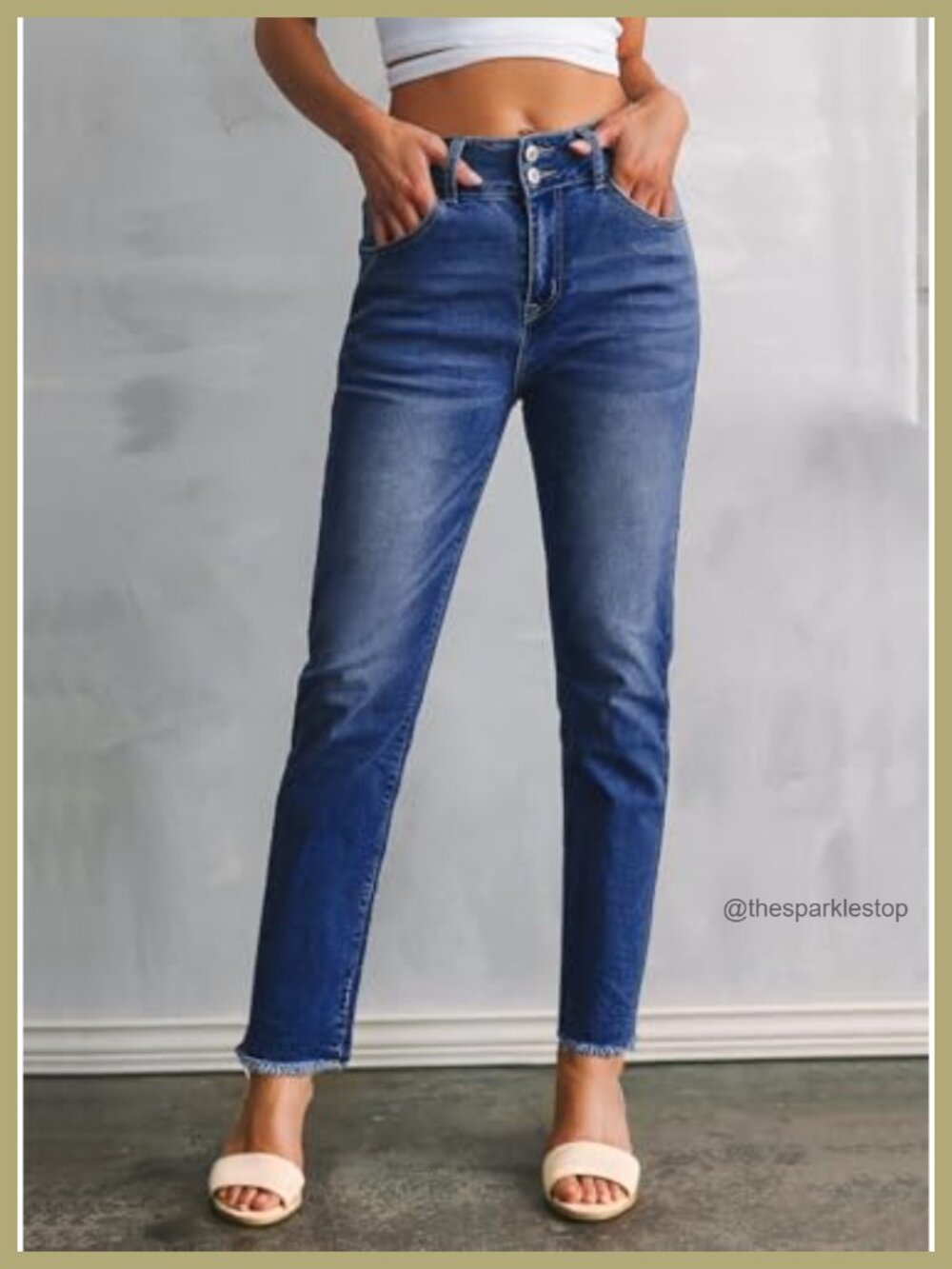 High Waisted Raw Hem Straight Leg Jeans | Double Button Tummy Control Stretch - Picture 2 of 6